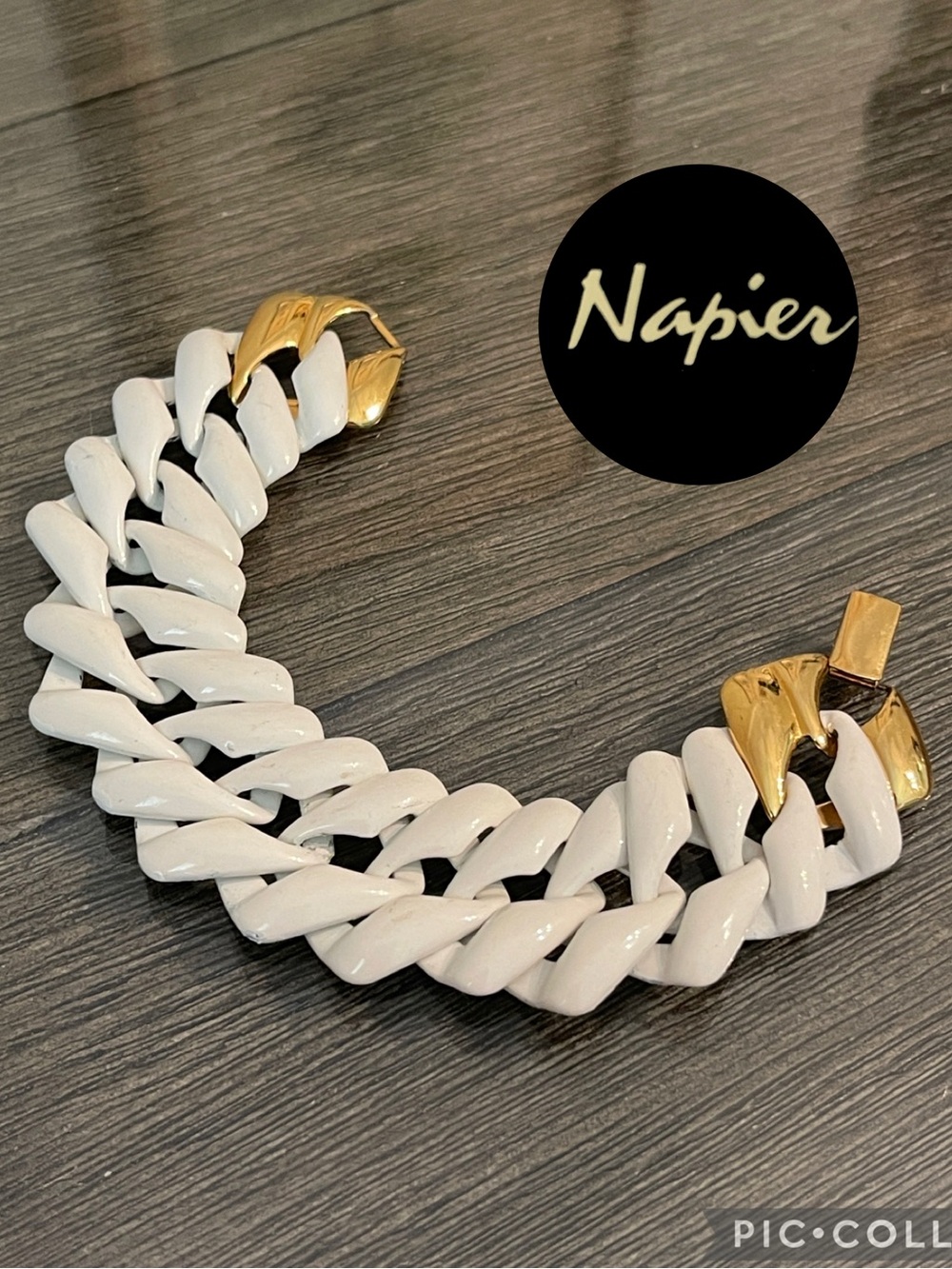 Vintage NAIPER White Metal Chain Bracelet with Gold-tone Accents